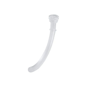 Clear plastic medical tracheostomy tube against white background