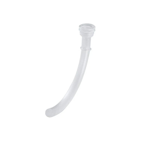 Clear plastic medical tracheostomy tube against white background