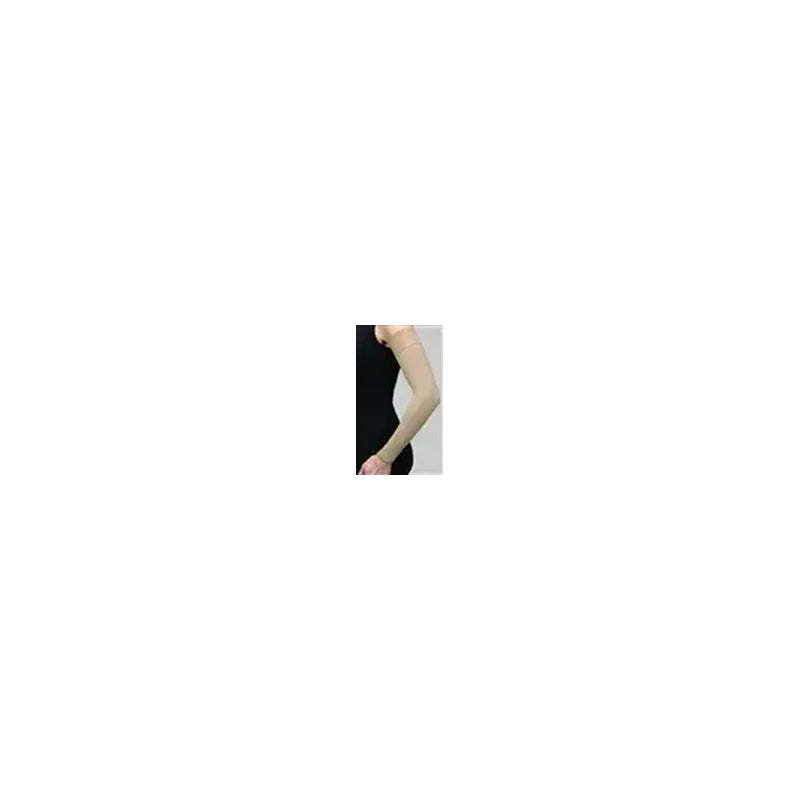 Beige medical compression arm sleeve worn on a person's arm against a black background
