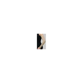 Beige medical compression arm sleeve worn on a person's arm against a black background