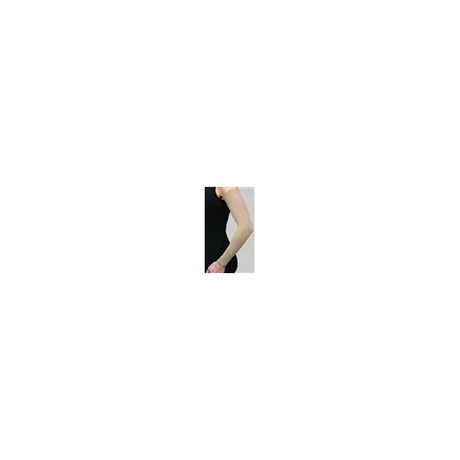 Beige medical compression arm sleeve worn on a person's arm against a black background
