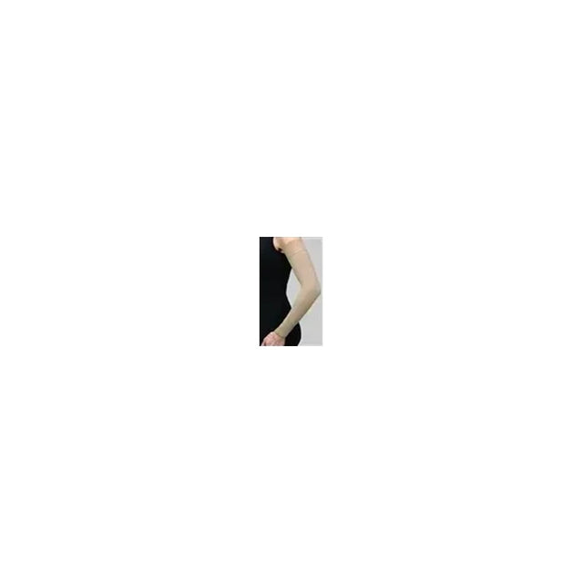 Beige medical compression arm sleeve worn on a person's arm against a black background