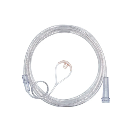 Clear nasal oxygen cannula with soft tubing for respiratory therapy