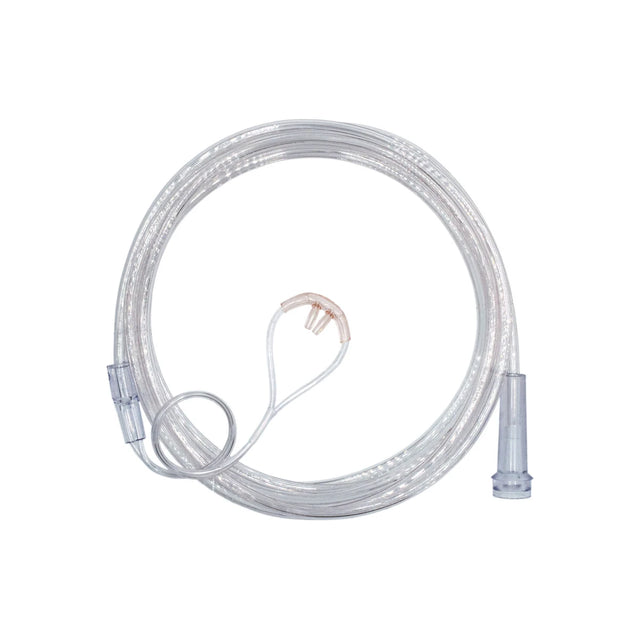 Clear nasal oxygen cannula with soft tubing for respiratory therapy