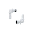 Two white medical tubing connectors with O-rings on a white background