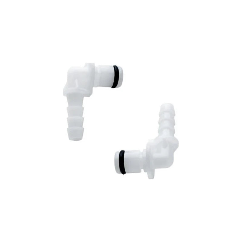 Two white medical tubing connectors with O-rings on a white background