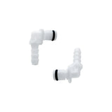 Two white medical tubing connectors with O-rings on a white background