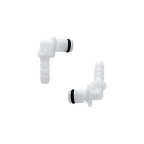 Two white medical tubing connectors with O-rings on a white background