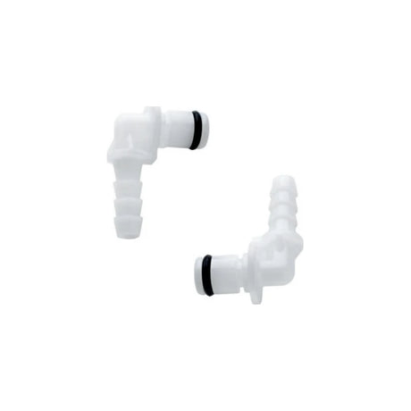 Two white medical tubing connectors with O-rings on a white background