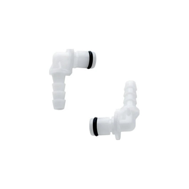 Two white medical tubing connectors with O-rings on a white background