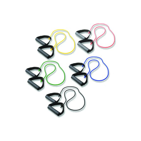 Set of five colorful resistance exercise bands with handles for physical therapy
