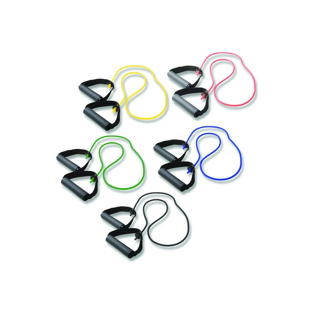 Set of five colorful resistance exercise bands with handles for physical therapy