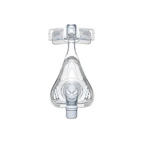 Clear CPAP nasal mask for sleep apnea therapy, close-up on white background