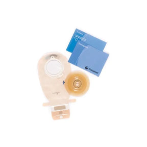 Ostomy pouch system with adhesive barrier, blue packaging, and Coloplast branding