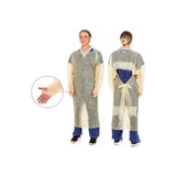 Disposable medical isolation gown shown front and back, worn over scrubs, with close-up sleeve detail.