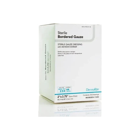 Box of sterile bordered gauze dressing with adhesive border for wound care, 2x3.75 inches.