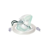 Adult oxygen mask with clear tubing for respiratory therapy on white background