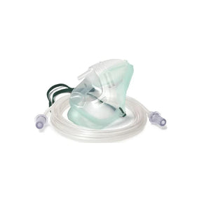 Adult oxygen mask with clear tubing for respiratory therapy on white background