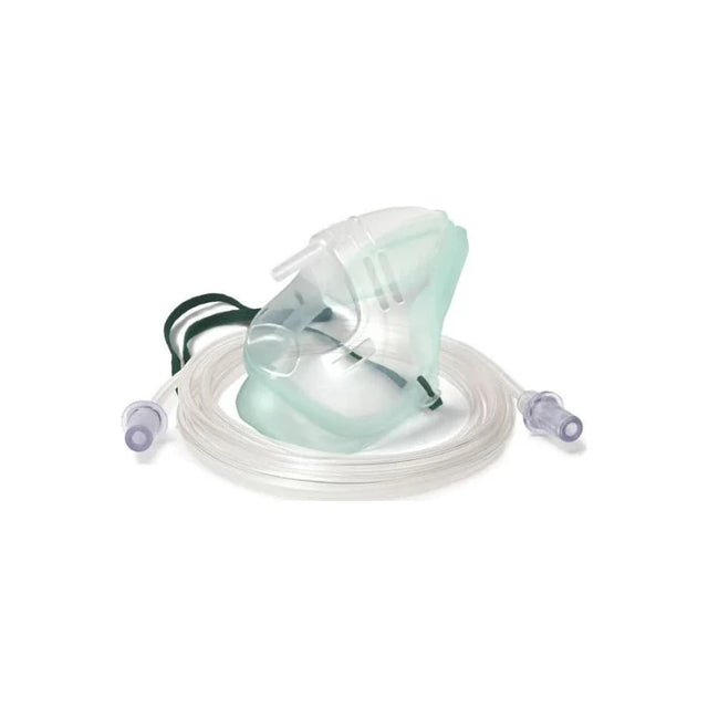Adult oxygen mask with clear tubing for respiratory therapy on white background