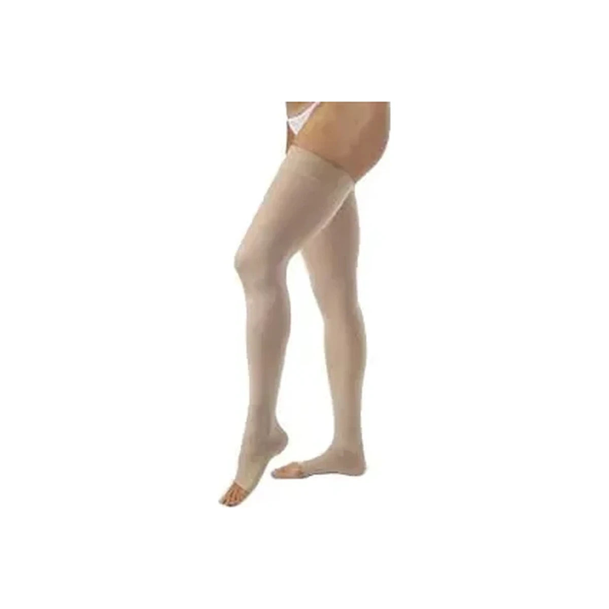 Beige medical compression thigh-high stockings on a person, open toe design