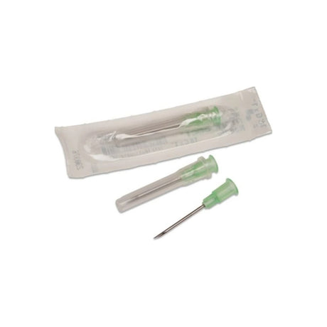 Sterile hypodermic needles with green hubs, one in packaging, for medical use
