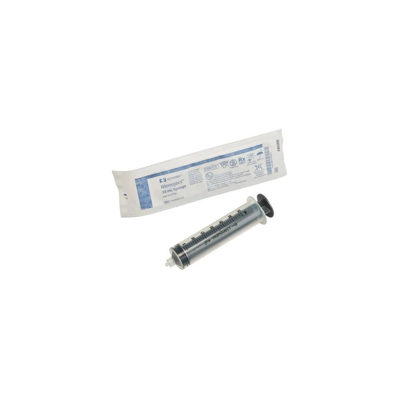 Sterile 35 mL medical syringe with clear packaging for home healthcare use
