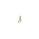 Person wearing beige knee-high compression stockings on a white background