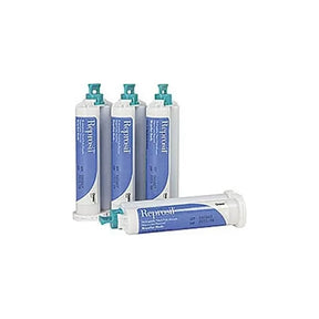 Four Reprosil putty dental impression material cartridges with blue labels on white background