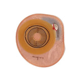 One-piece beige ostomy pouch with circular cutting guide and adhesive barrier