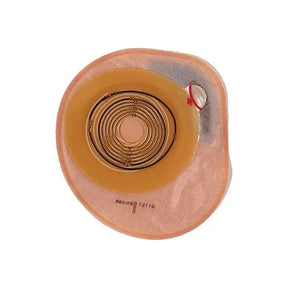 One-piece beige ostomy pouch with circular cutting guide and adhesive barrier