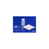 Medical supply kit with feeding tube, medicine bottle, and gauze pad on blue background