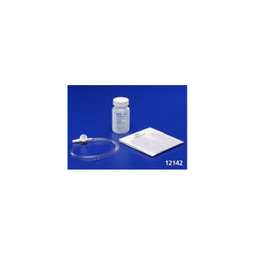 Medical supply kit with feeding tube, medicine bottle, and gauze pad on blue background
