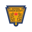 National Honor Society badge with torch and geometric shapes on yellow and blue shield