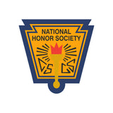National Honor Society badge with torch and geometric shapes on yellow and blue shield