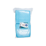 Package of blue disposable underpads for incontinence care, sealed in plastic