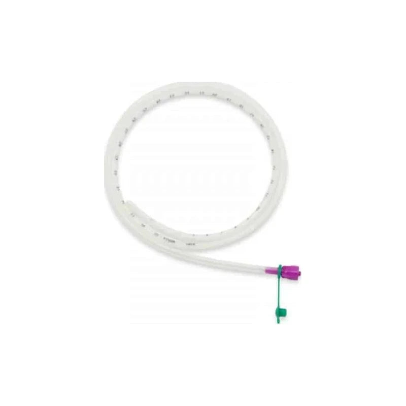 Medical feeding tube with purple connector and measurement markings on white background