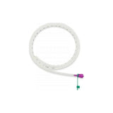 Medical feeding tube with purple connector and measurement markings on white background