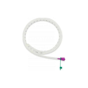 Medical feeding tube with purple connector and measurement markings on white background