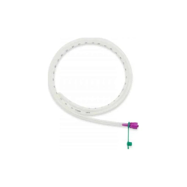 Medical feeding tube with purple connector and measurement markings on white background