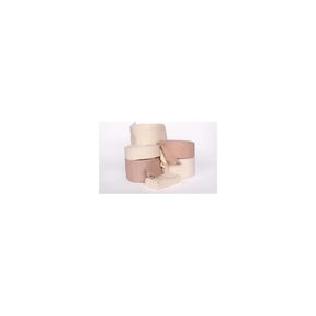 Assorted beige and brown medical bandages and gauze rolls on a white background