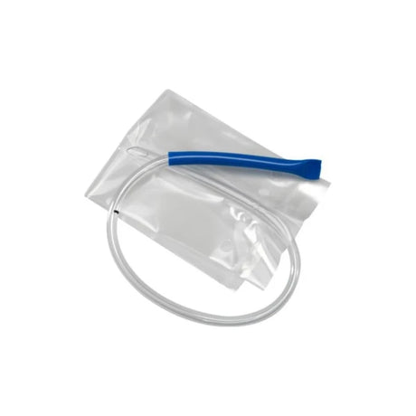 Disposable urinary catheter with blue handle and drainage bag on white background