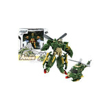 Green helicopter toy transforming into robot action figure, Mini Apache, with packaging