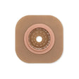 Square hydrocolloid ostomy barrier with round central opening on white background