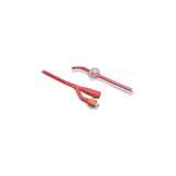Red two-way Foley catheter with inflation balloon for medical urinary drainage
