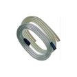 Clear medical tubing with blue connectors, coiled on a white background