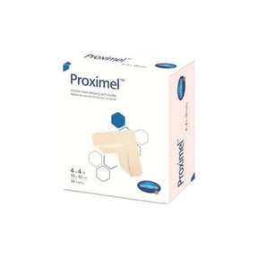 Proximel silicone foam dressing box for wound care, 10 x 10 cm, with product image on front