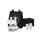 Double electric breast pump set with bottles, cooler bag, and carrying case on white background