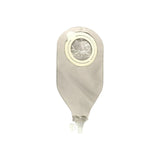 Closed-end ostomy bag with beige cover and circular adhesive barrier, medical supply