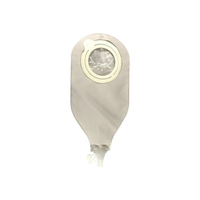 Closed-end ostomy bag with beige cover and circular adhesive barrier, medical supply