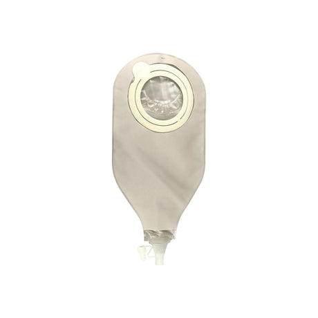 Closed-end ostomy bag with beige cover and circular adhesive barrier, medical supply